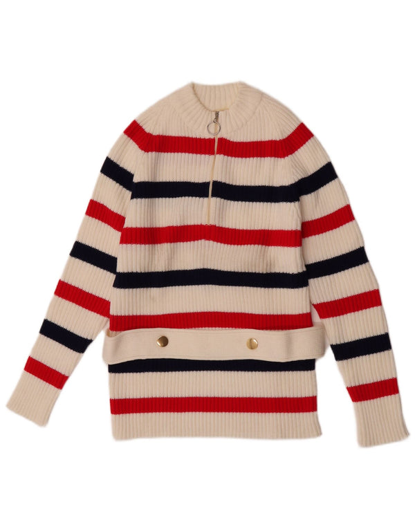 Maglione vintage da donna con zip e collo UK 12 Acrilico a strisce bianche medie