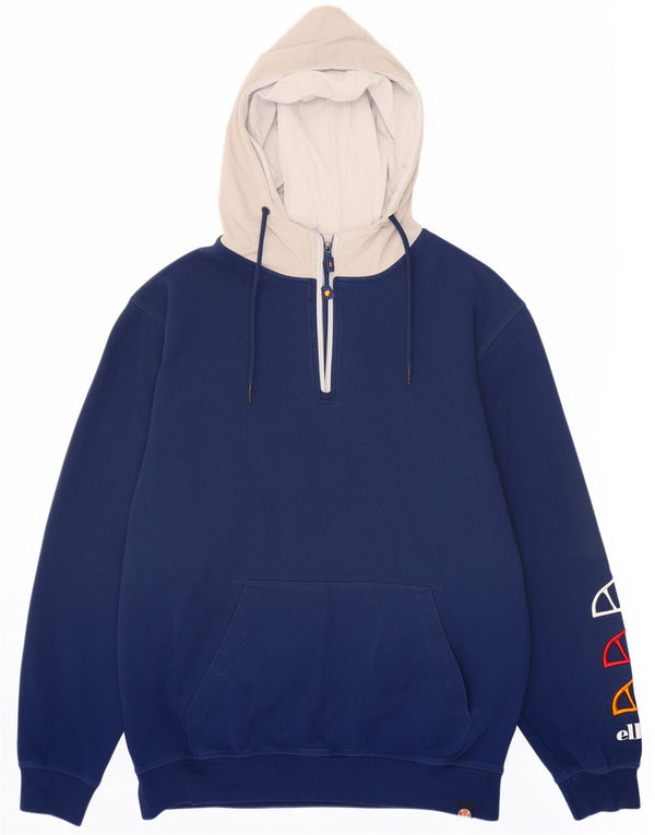 Ellesse, maglione con cappuccio grafico da uomo con zip e collo, grande, in cotone color block blu