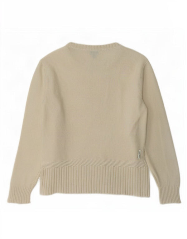 Maglione maglione con scollo a barca grafico da donna Armani EU 42 grande lana bianco sporco