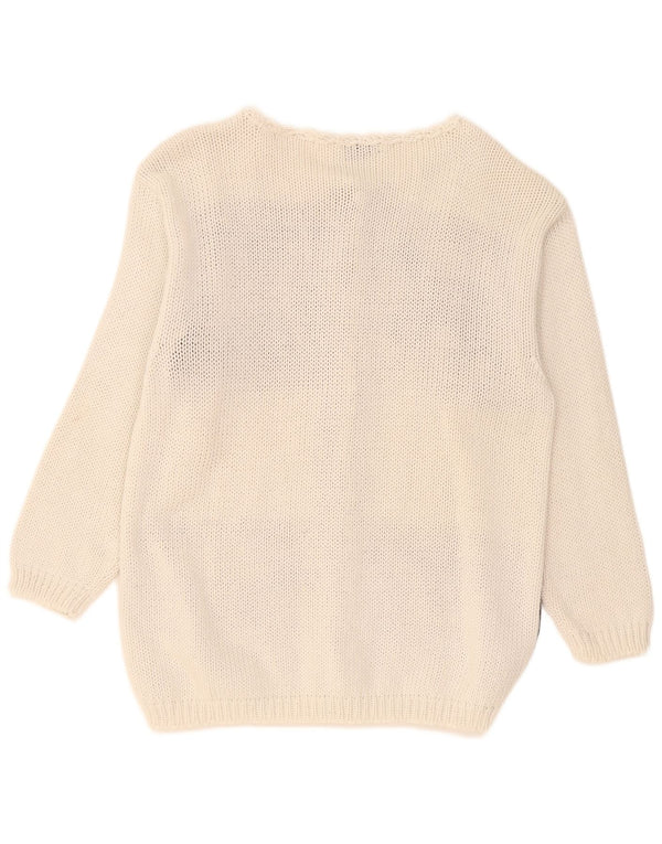 Maglione cardigan grafico da donna vintage UK 16 grande cotone bianco sporco