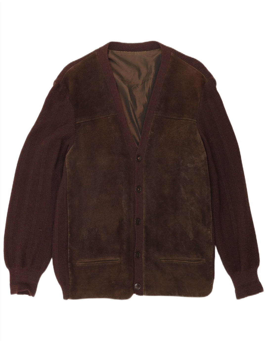 Maglione cardigan da uomo vintage color block marrone medio