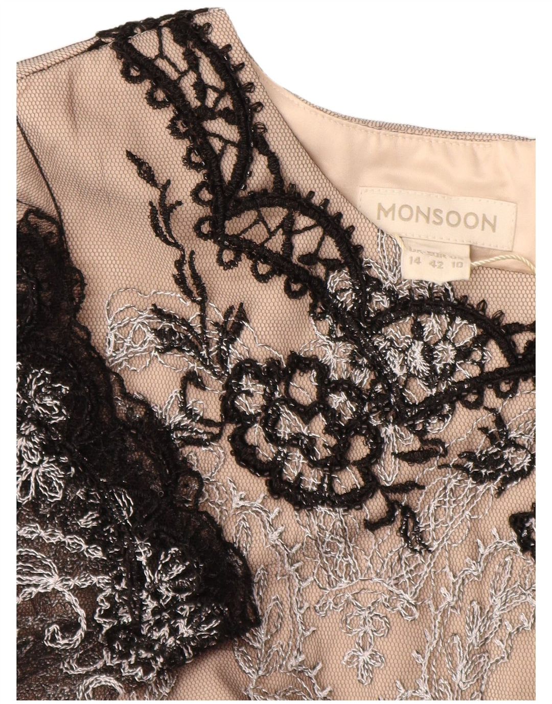 MONSOON Abito tubino in pizzo da donna UK 14 Grande nylon Paisley beige