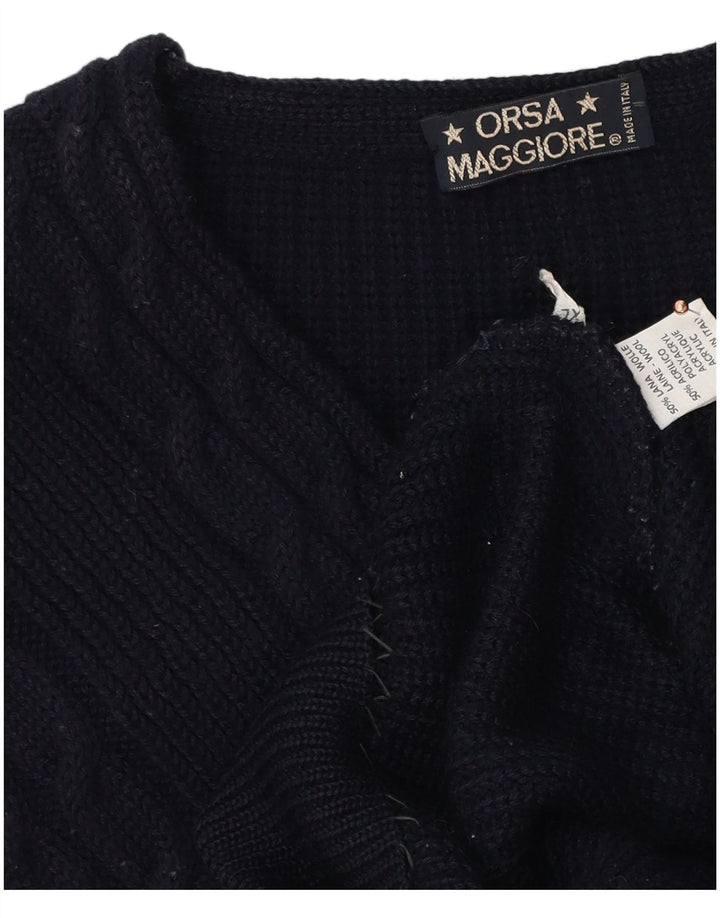 Maglione vintage da uomo con scollo a V XL in lana blu navy