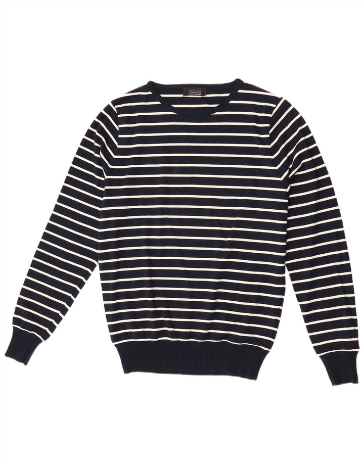 Maglione girocollo da uomo Zara in cotone a righe medie blu navy