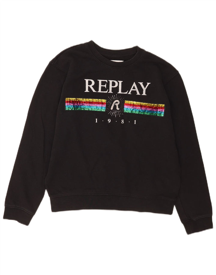 Felpa oversize con grafica da donna Replay, maglione UK 10, piccolo cotone nero