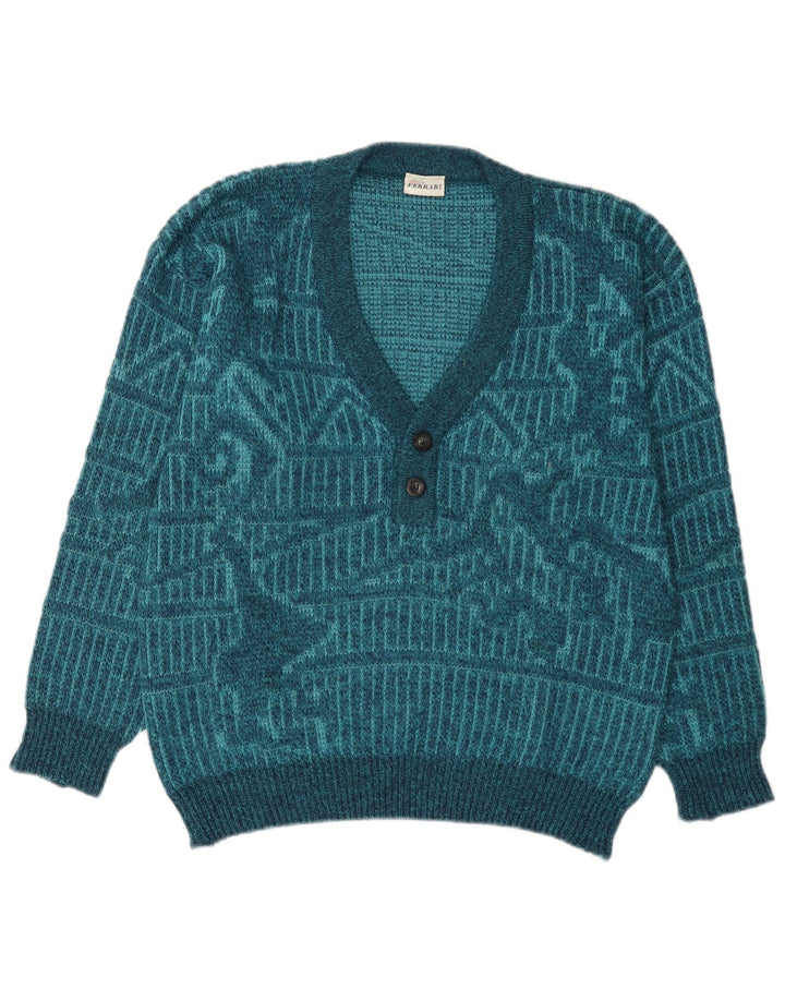Maglione Ferrari da uomo con scollo a V e motivo astratto blu medio geometrico