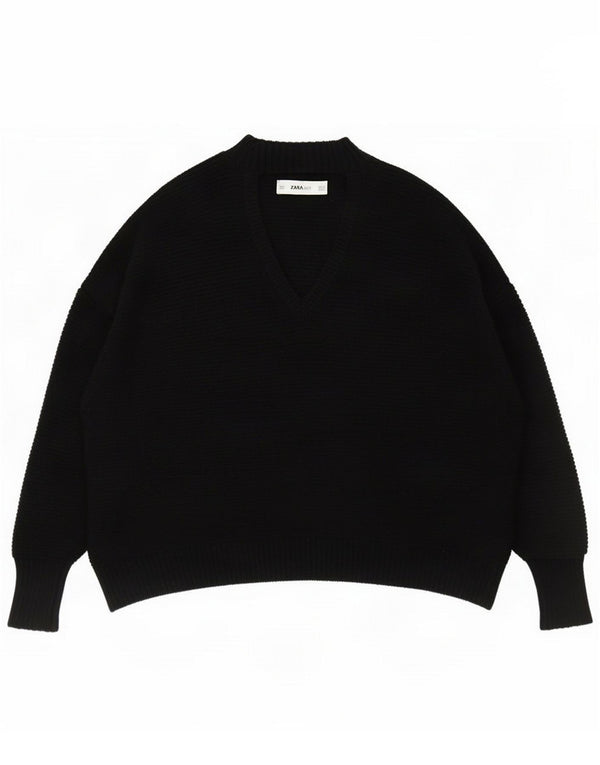Zara Womens Oversized V-Neck Jumper Sweater UK 10 Small Black Viscose