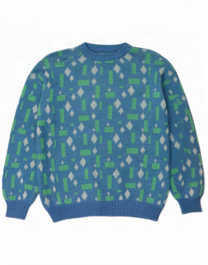 Maglione maglione girocollo da uomo vintage grande geometrico blu