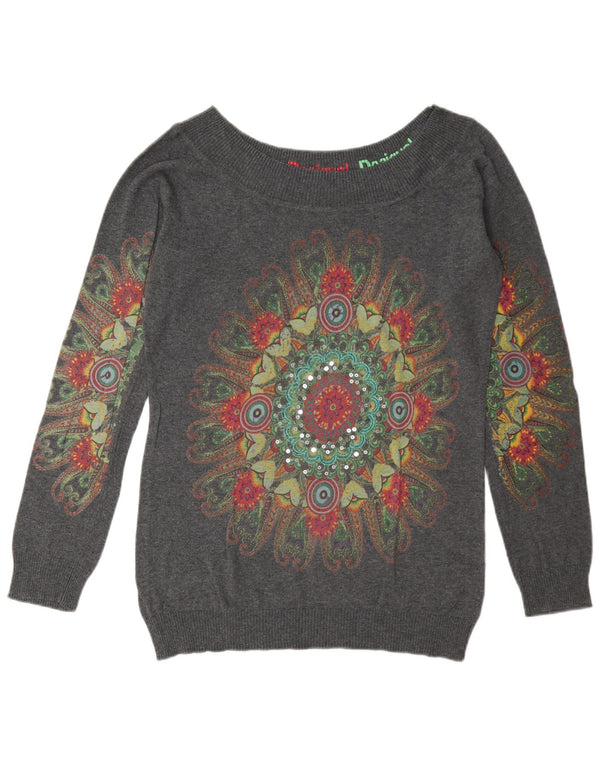 Desigual Donna Maglione con scollo a barchetta con grafica UK 18 XL Grigio Paisley