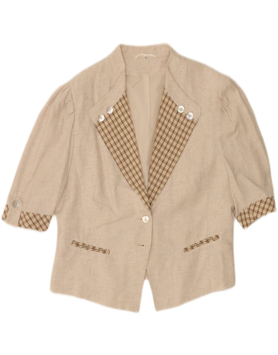 Giacca blazer vintage da donna con maniche a 3/4 a 2 bottoni UK 16 grande viscosa beige
