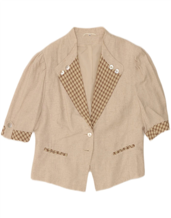 Giacca blazer vintage da donna con maniche a 3/4 a 2 bottoni UK 16 grande viscosa beige
