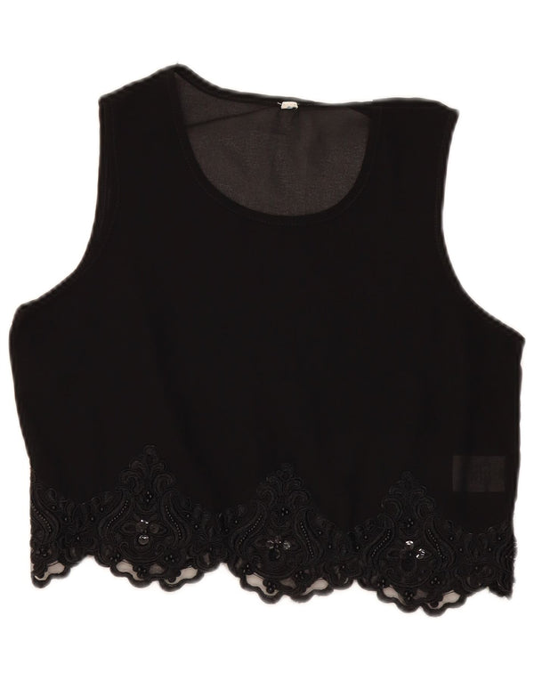 Top vintage da donna corto trasparente in camicetta UK 10 piccolo motivo cachemire nero
