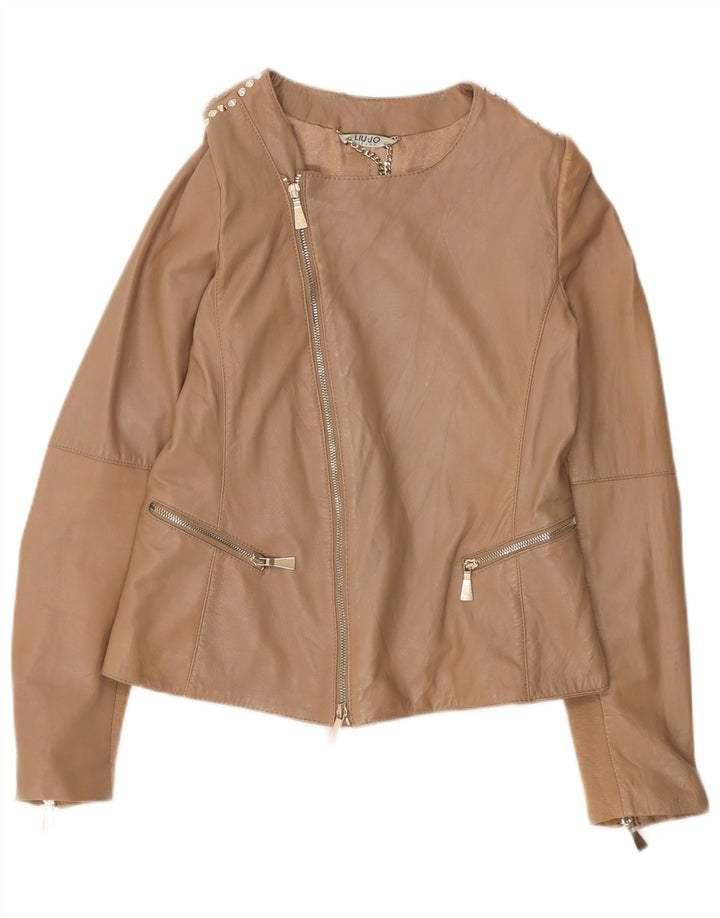 Giacca Biker in Pelle Donna Liu Jo IT 44 Pelle Beige Medio