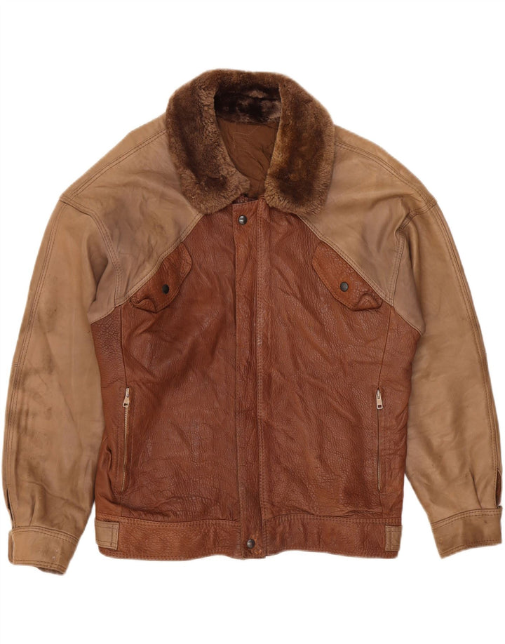 Giacca in pelle vintage da uomo IT 50 grande in pelle color block marrone