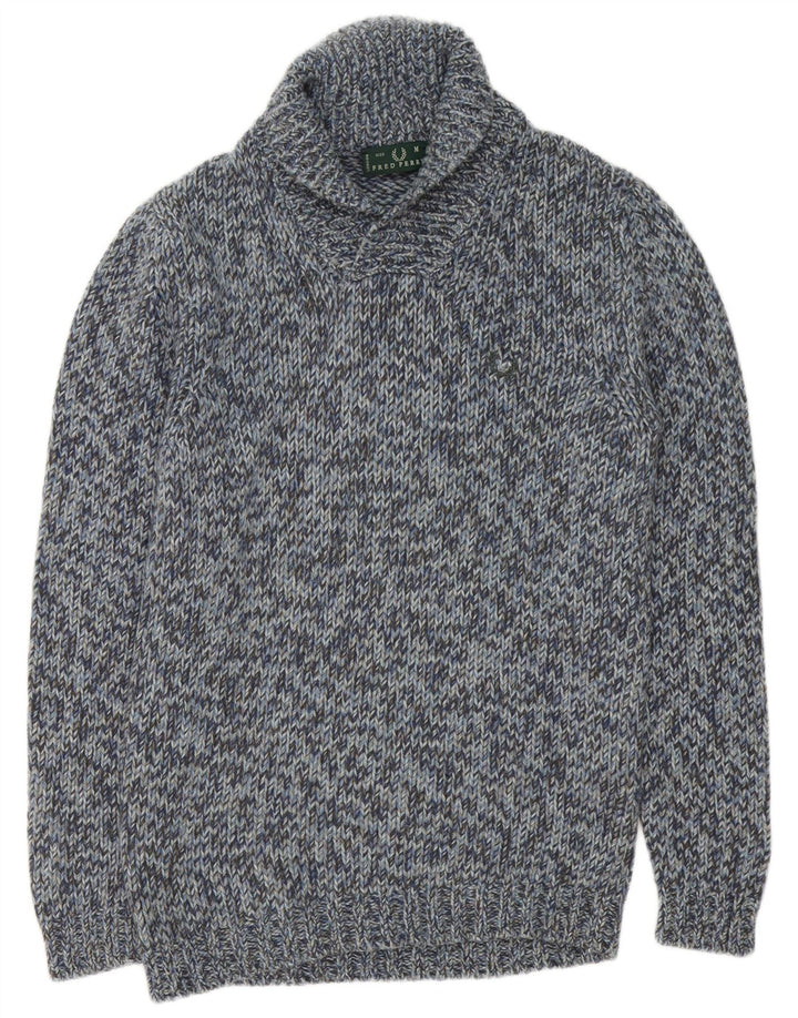 Maglione da uomo con collo a scialle Fred Perry in lana screziata blu medio