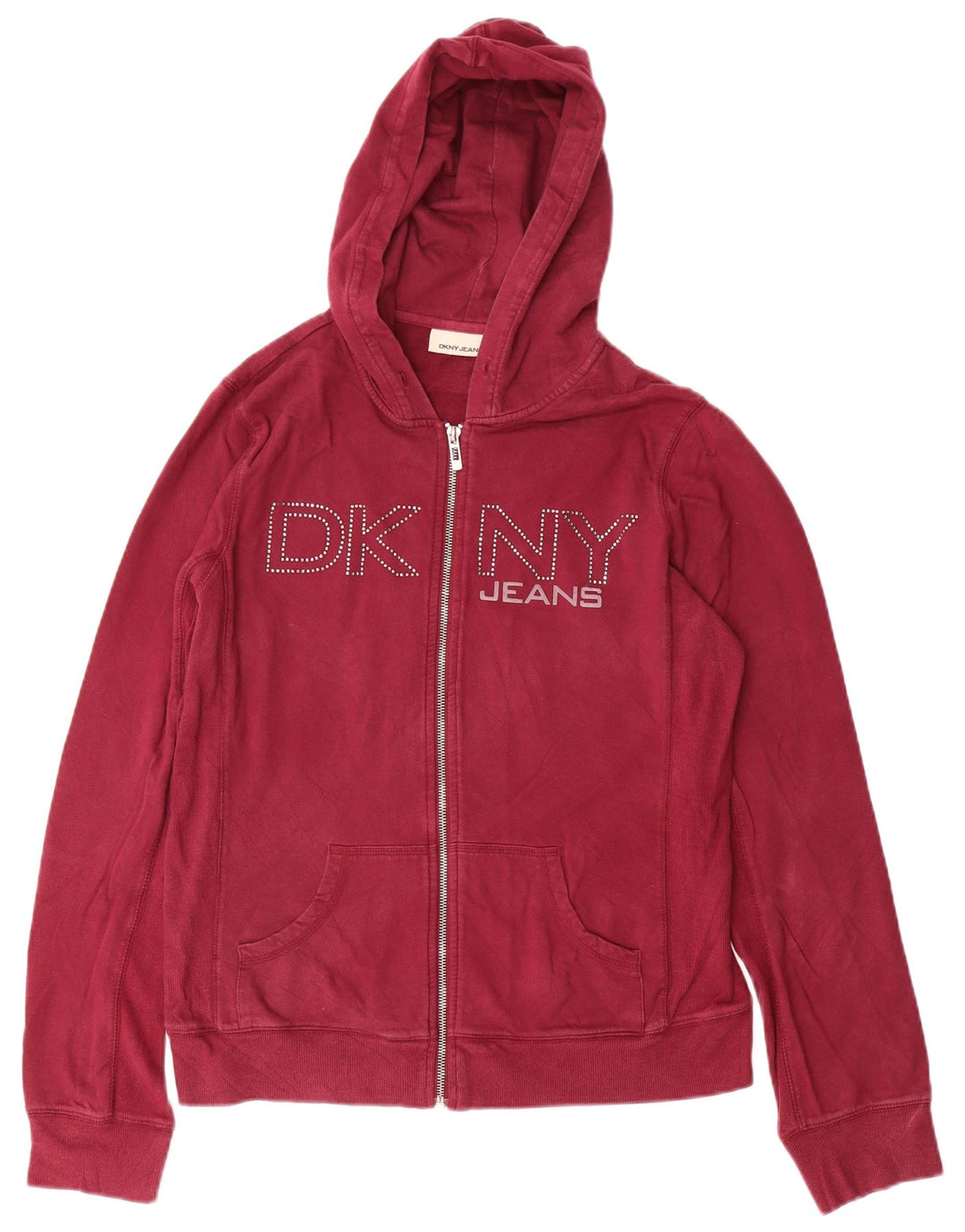 Maglione con cappuccio e zip grafica da donna DKNY UK 14 grande cotone bordeaux
