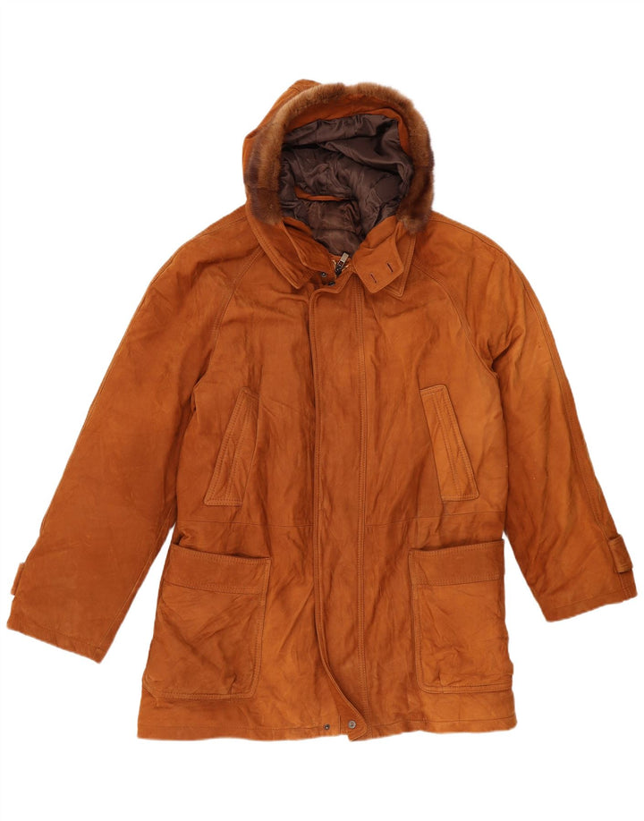 Giacca in pelle vintage da uomo con cappuccio IT 50 grande marrone