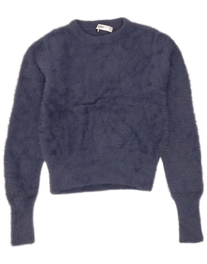 Maglione corto girocollo da donna Zara UK 12 nylon blu navy medio