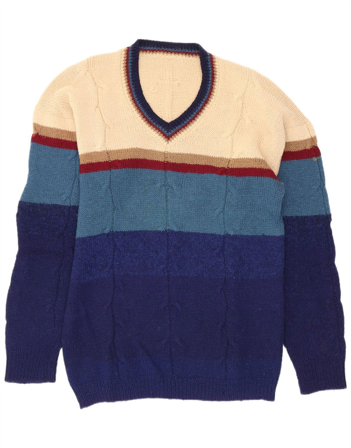 Maglione vintage da uomo con scollo a V a righe piccole multicolori