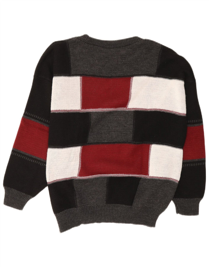 Maglione da uomo VINTAGE con scollo a barchetta, grande, in acrilico color block nero