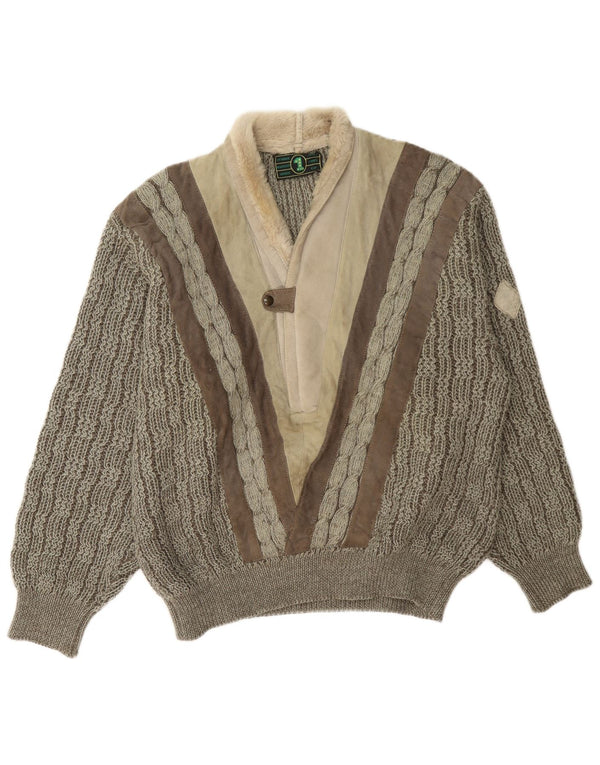 Maglione vintage da uomo con collo a scialle, grande, in lana color block grigio