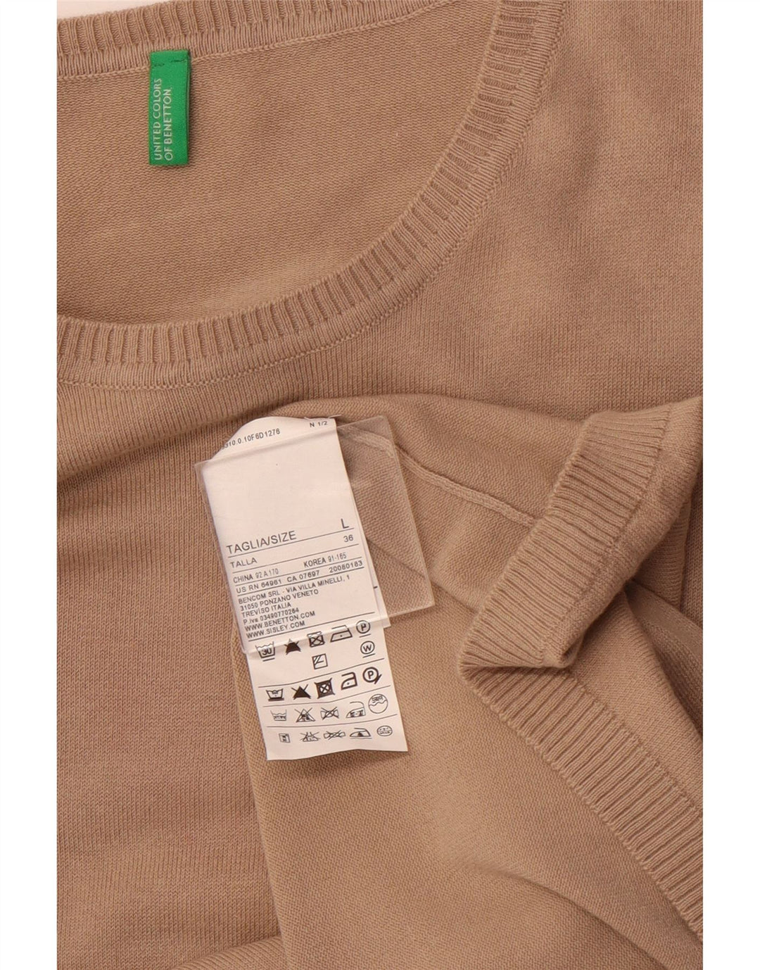 BENETTON Maglione girocollo da donna slim fit girocollo UK 14 grande cotone beige