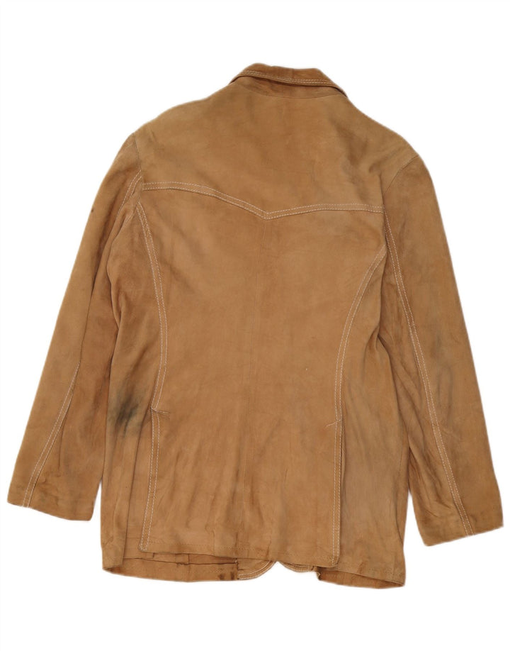 Giacca blazer vintage in pelle scamosciata a 3 bottoni da donna UK 14 beige medio