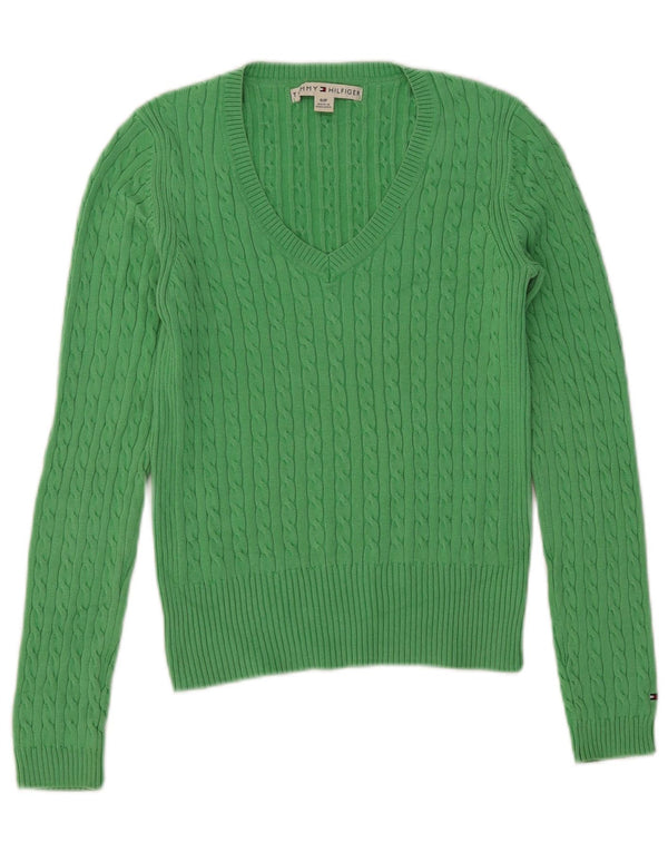 Tommy Hilfiger Womens Crop V-Neck Jumper Sweater UK 10 Small Green Cotton