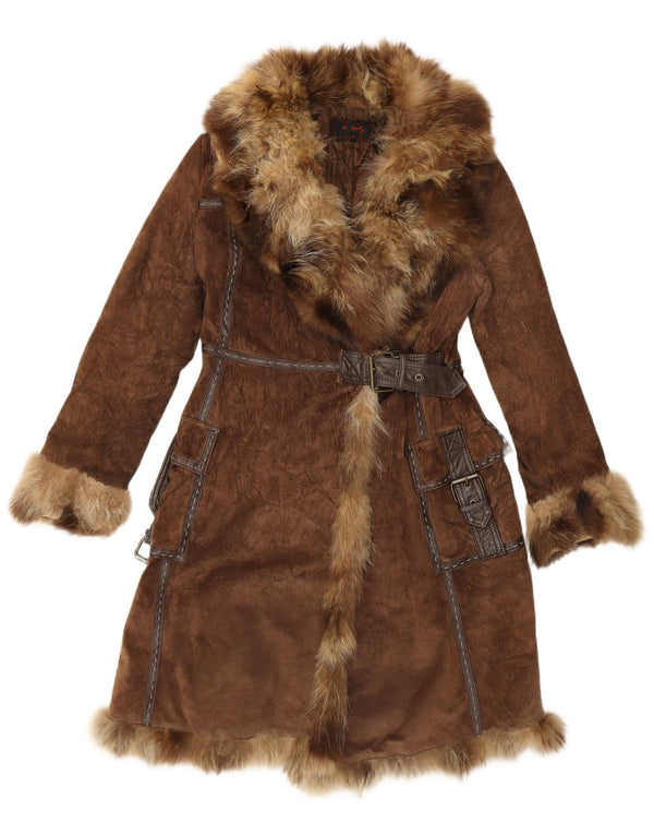 Soprabito in pelliccia scamosciata da donna Rene Derhy UK 14 Pelle marrone medio