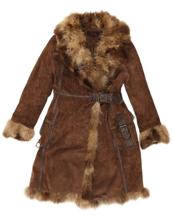 Soprabito in pelliccia scamosciata da donna Rene Derhy UK 14 Pelle marrone medio