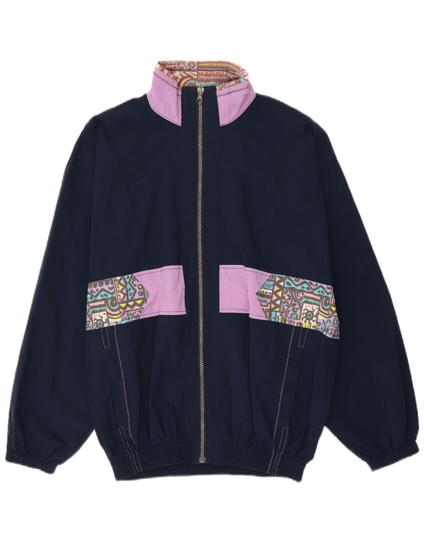 Tuta intera da donna vintage UK 10 piccola poliammide geometrica blu navy