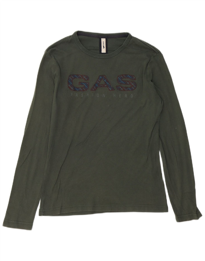Gas Top grafico da uomo a maniche lunghe in cotone kaki medio