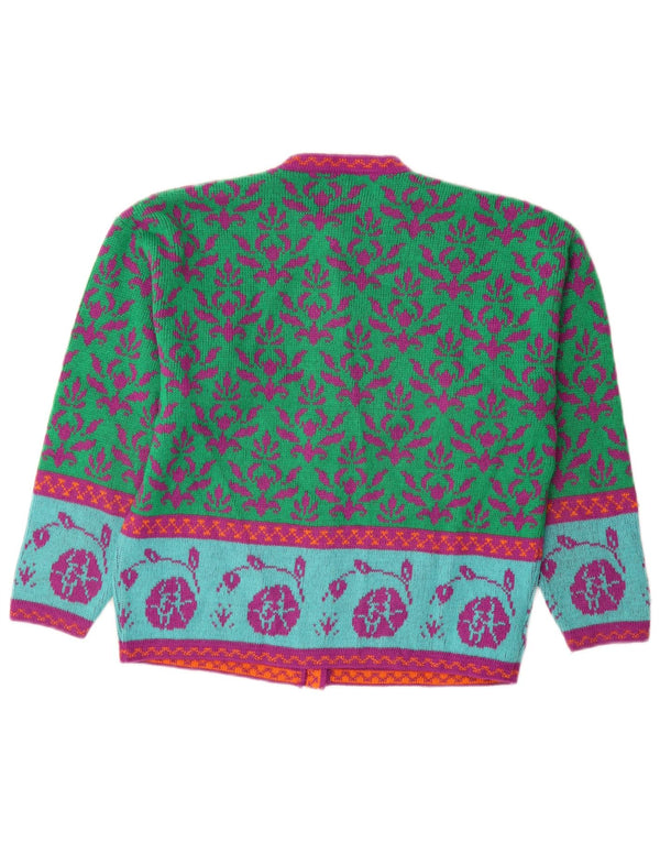 Maglione cardigan da donna VINTAGE UK 14 Lana floreale verde medio