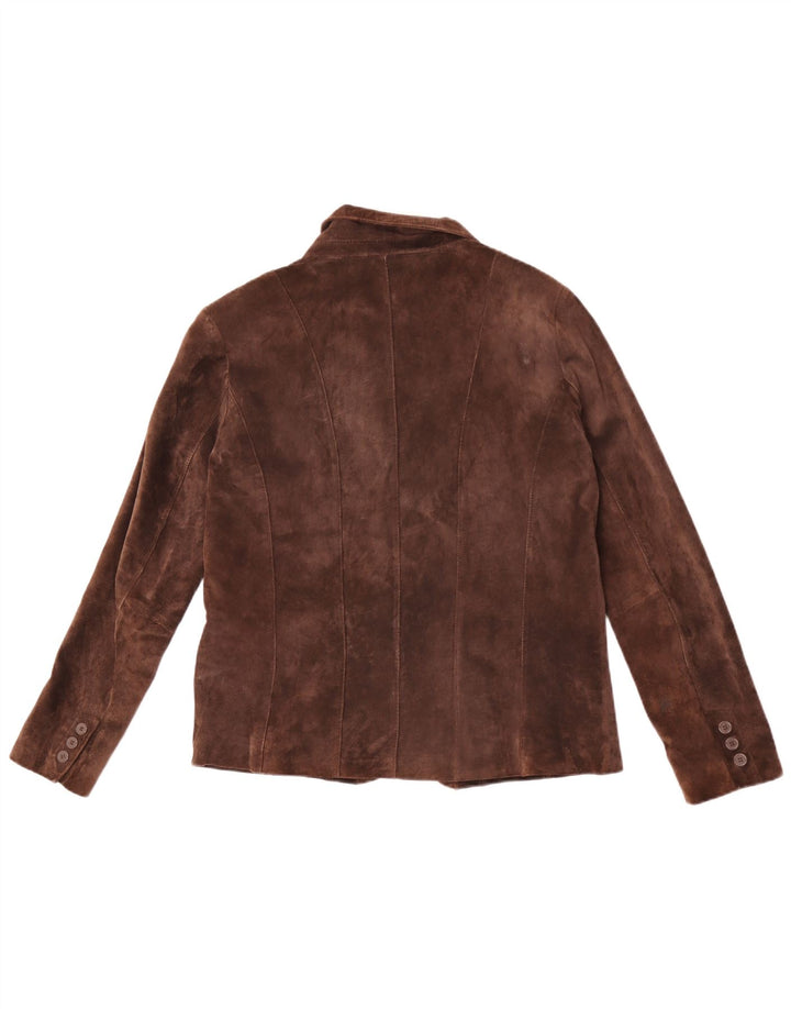 Giacca blazer vintage in pelle scamosciata a 3 bottoni da donna UK 40 grande in pelle marrone