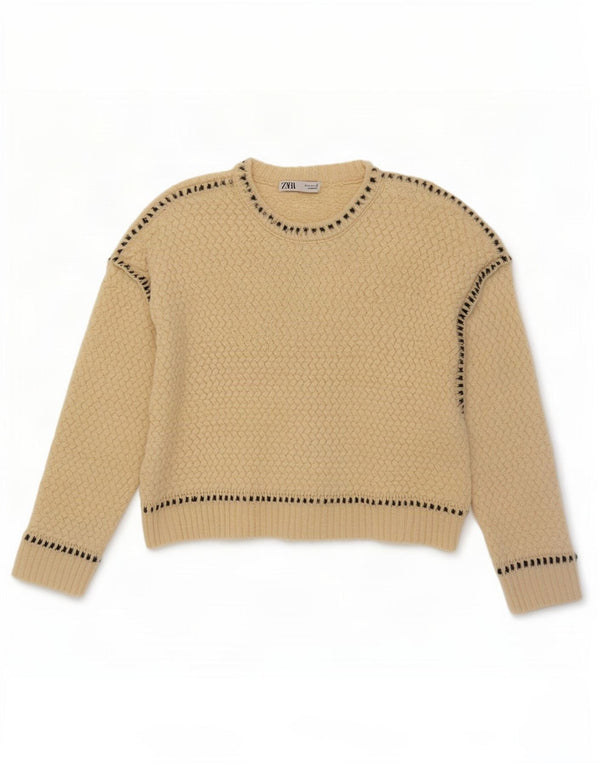 Zara Womens Crop Oversized Crew Neck Jumper Sweater UK 10 Small Beige