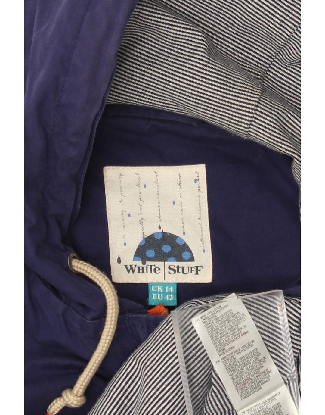 WHITE STUFF Borsone da donna con cappuccio UK 14 Grande cotone blu navy