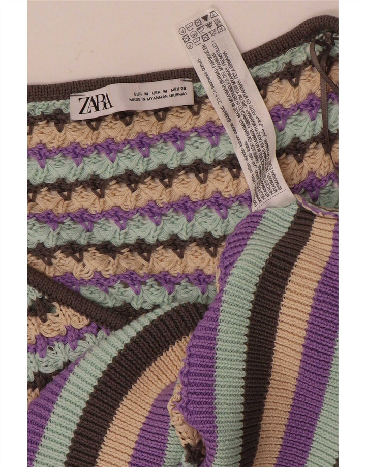Maglione corto con scollo a V da donna Zara UK 12 a righe multicolori medie