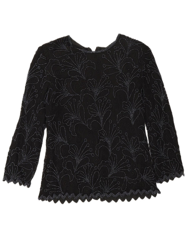 Top camicetta regolare a maniche lunghe da donna vintage UK 8 piccola seta floreale nera