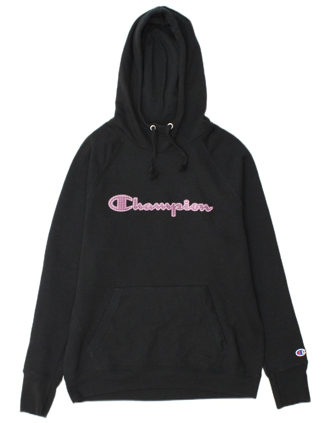 CHAMPION Womens Graphic Hoodie Jumper UK 14 Medium Black Polyester