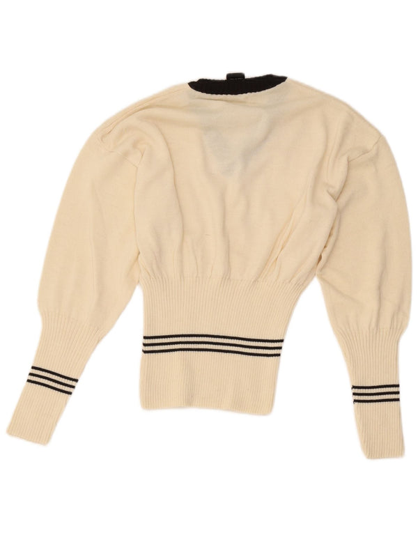 Maglione maglione vintage da donna con scollo a V UK 8 piccolo lana a righe bianco sporco