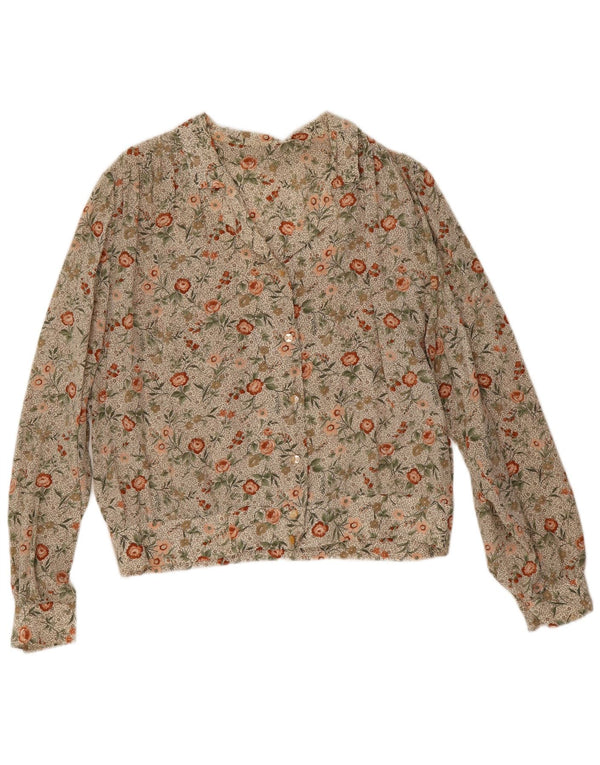 Camicetta camicia vintage da donna UK 16 grande floreale beige