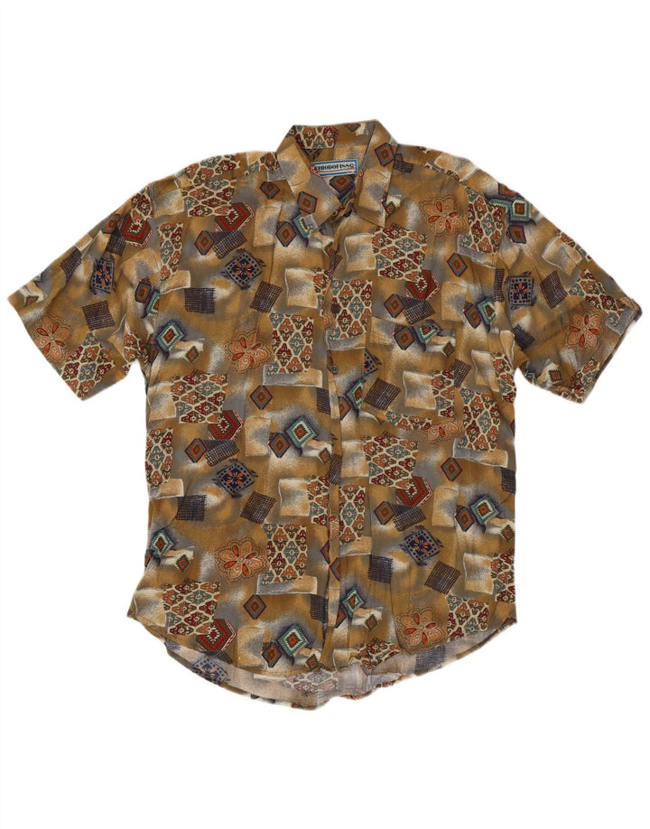 Vintage Mens Short Sleeve Shirt 2XL Khaki Patchwork Viscose