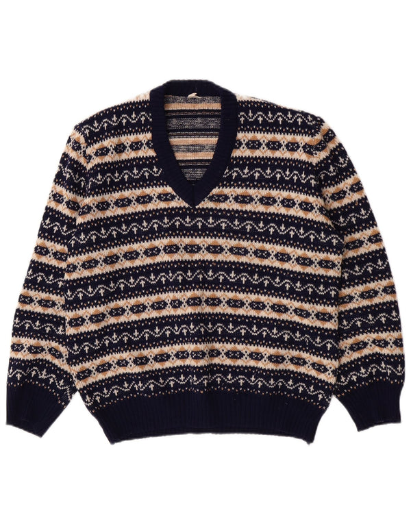 Maglione maglione vintage da donna con scollo a V UK 12 Medio Blu Navy Fair Isle