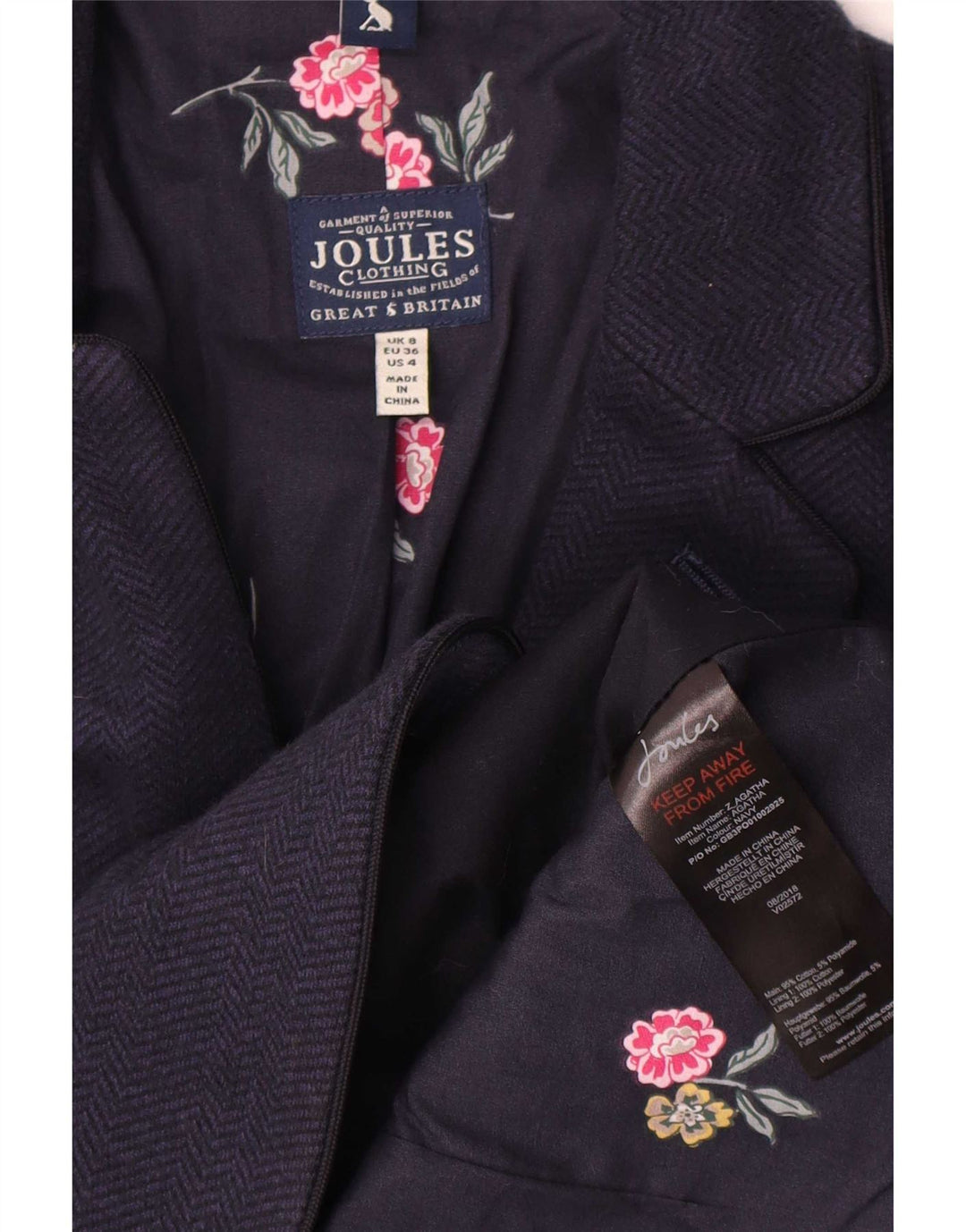 Giacca blazer da donna a 2 bottoni Joules UK 8 piccola a spina di pesce blu navy