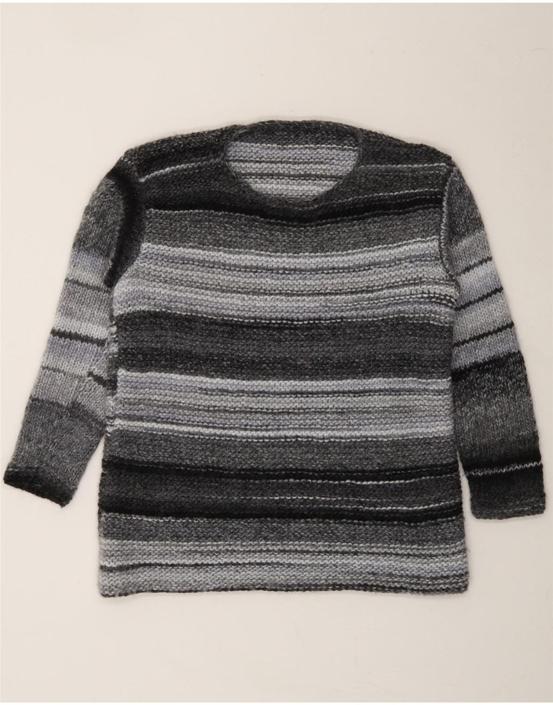 VINTAGE Womens Crew Neck Jumper Sweater UK 14 Medium Grey Striped Vintage Vintage and Second-Hand Vintage from Messina Hembry 