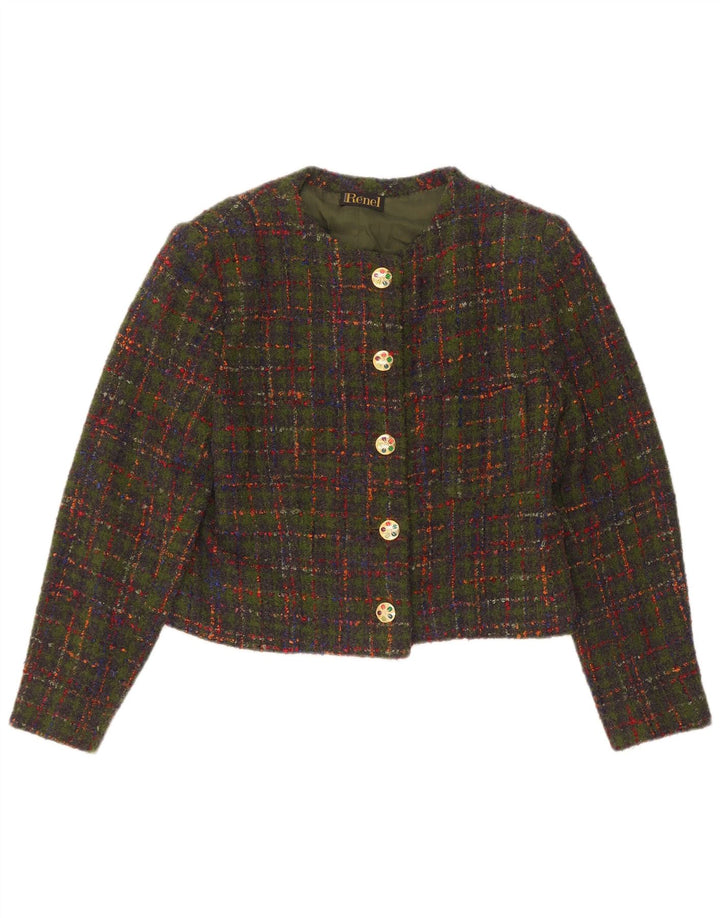 Giacca blazer vintage da donna a 5 bottoni corta UK 14 verde medio a quadri