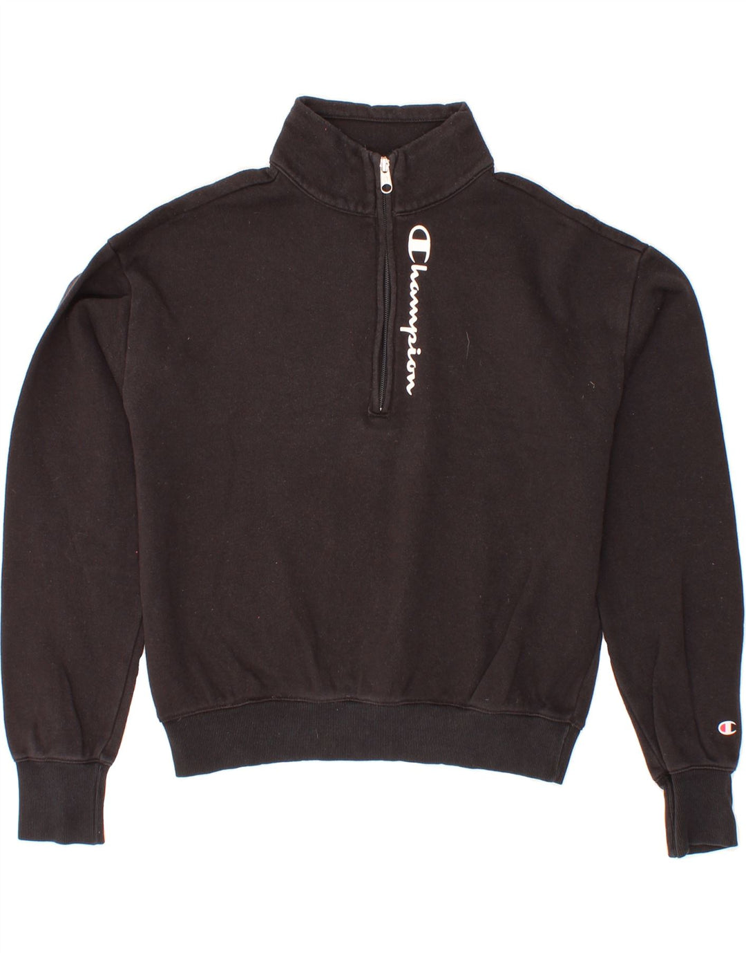 CHAMPION Womens Crop Graphic Zip Neck Sweatshirt Jumper UK 14 Medium Black Vintage Champion and Second-Hand Champion from Messina Hembry 