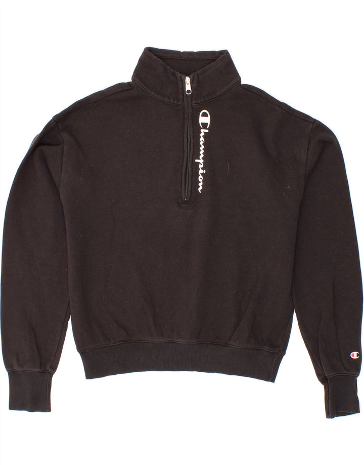 CHAMPION Womens Crop Graphic Zip Neck Sweatshirt Jumper UK 14 Medium Black Vintage Champion and Second-Hand Champion from Messina Hembry 