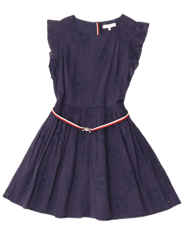 Tommy Hilfiger Girls Sleeveless A-Line Dress 13-14 Years Navy Blue Cotton