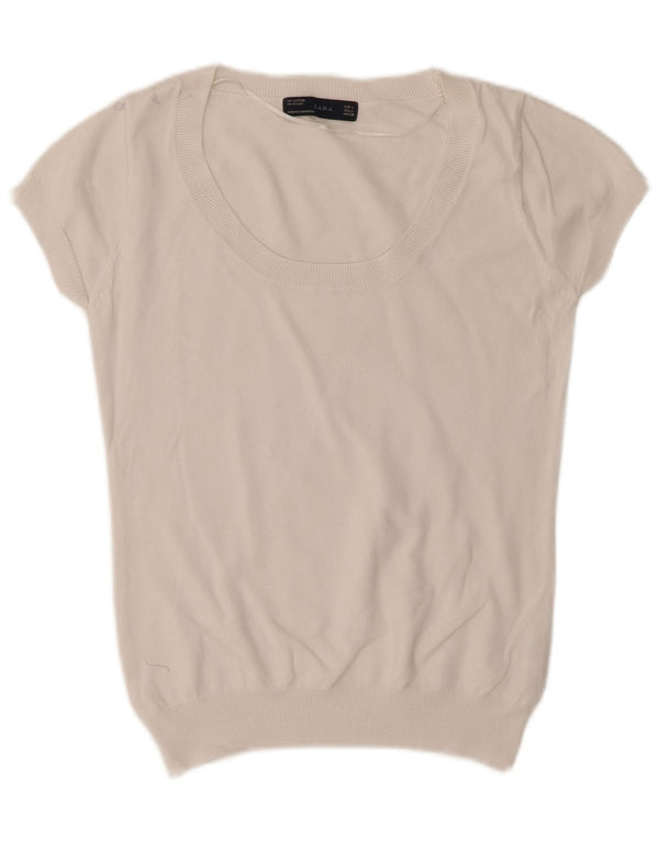 Maglione Zara da donna a maniche corte con scollo a barca UK 14 grande cotone bianco